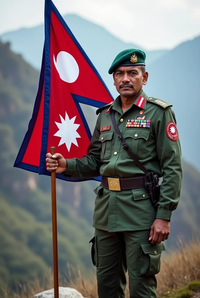 A nepali man with Nepal flag in army uniform 
