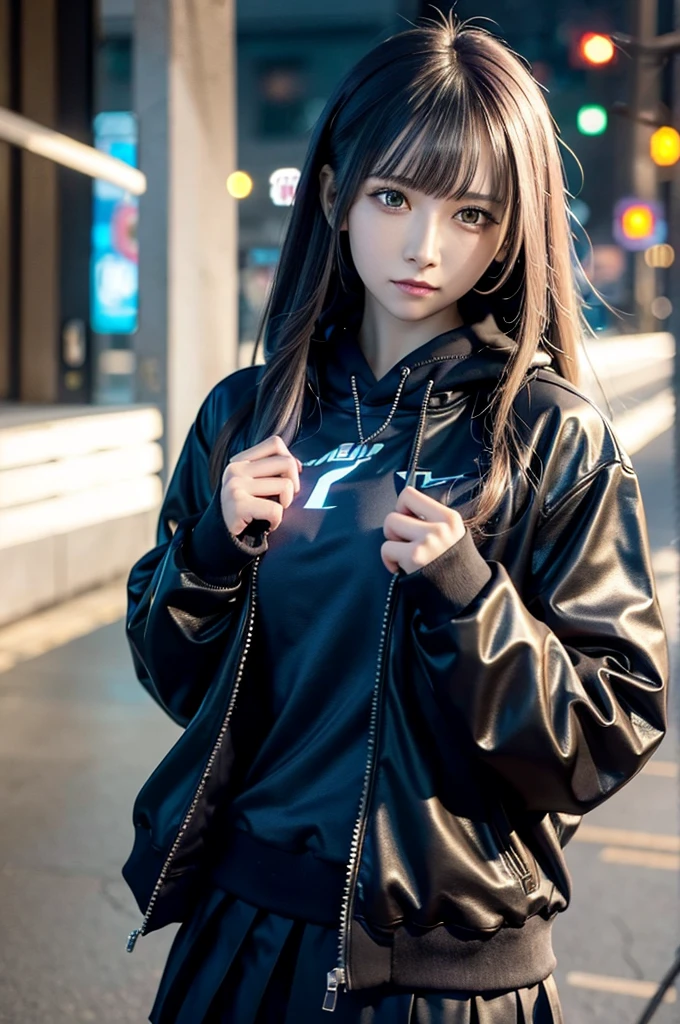 She is taking a photo wearing a black jacket and a black skirt., cyberpunk 2077 jacket, cyber future jacket, Bright Cyberpunk Glow, egirl, AND - , Cyberpunk anime in hoodie, wearing Cyberpunk Streetwear, Cyberpunk anime, Cyberpunk Streetwear, Portrait Anime Astronaut Girl, Photos of women in techwear, Neon Cyberpunk Style,Extreme ta girl