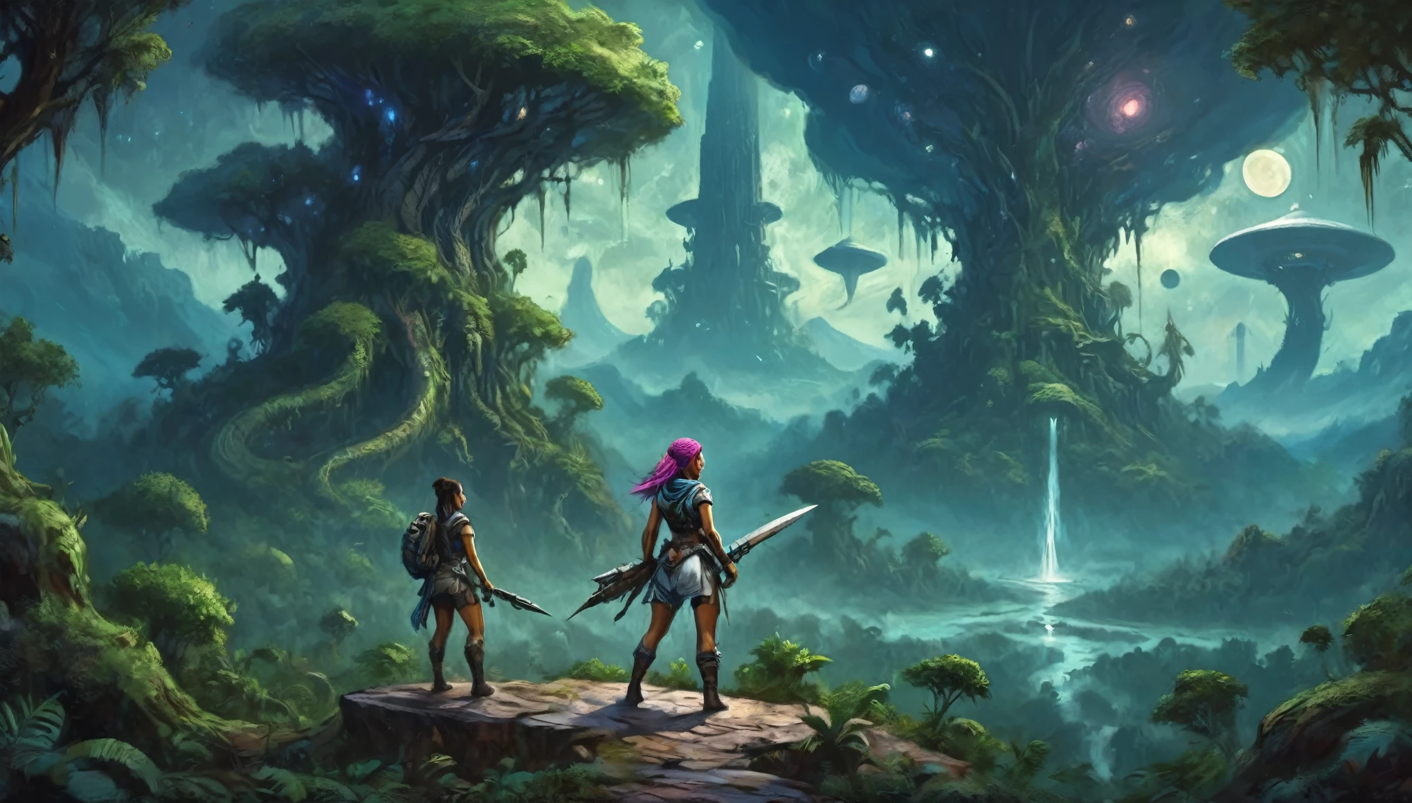 A adventurer woman (yuna, muscular, lean, sweaty, big butt, sexy explorer outfit) is using a machete to clear a path through a dense alien forest, tentacle vines reach from trees, she is carving a trail to an eldritch spire, 3 nightmarish moons hang in the starry sky each a different color, grand panoramic view of an alien landscape