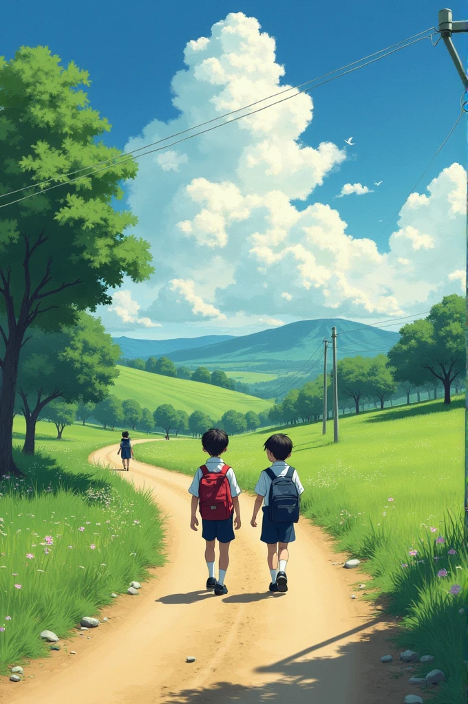 Two school boy walking a road