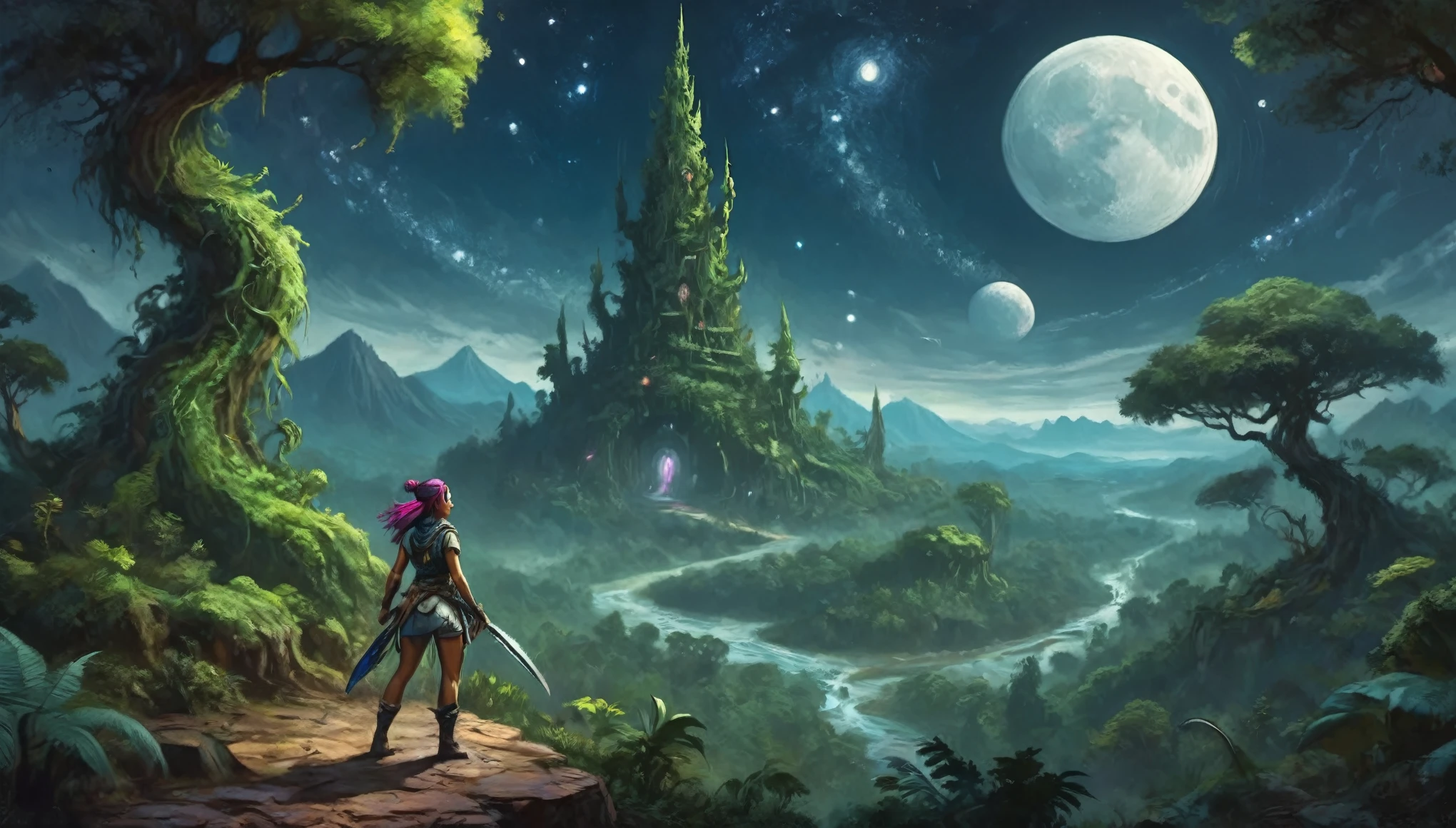 A adventurer woman (yuna, muscular, lean, sweaty, big butt, sexy explorer outfit) is using a machete to clear a path through a dense alien forest, tentacle vines reach from trees, she is carving a trail to an eldritch spire, 3 nightmarish moons hang in the starry sky each a different color, grand panoramic view of an alien landscape