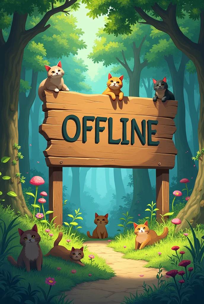 Twitch banner image, ghibli style, pink/green forest with lots of cats, with a big wooden sign with writing that spells offline.