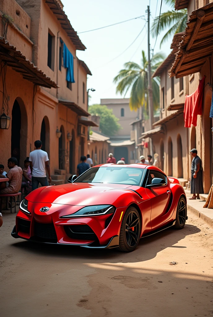 A red Supra mk4 parked in Indian villege