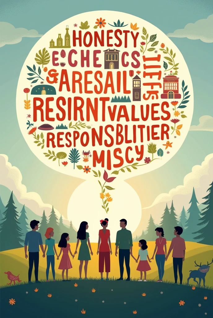 Poster on which type of human values and ethics present in society
Make it easy understandable
Add Honesty, Respect, Compassion, Justice, Integrity, Responsibility, Empathy word and its small image