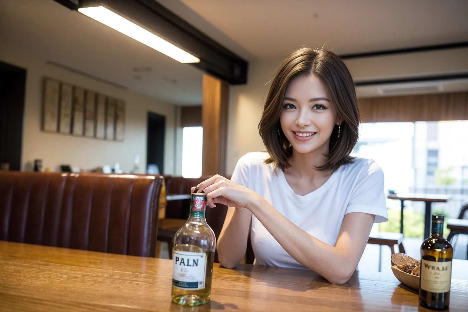 ((Highest quality、8k、masterpiece:1.3))、Whiskey bottles、The Macallan、Joni Black、Old Parr、whiskey、Suntory、Nikka、Slim Couple、modelカップル、(Realistic, Intricate details:1.2), full-course dinner、Whiskey bottle and glass on the table、Single Malt、scotch、Rocks glass、Shot Glass、Malt whiskey、、Scotland、Amazing view of the sunset sky and clouds、A bright smile、The wonderfulness of smile、 Beautiful Face, blue eyes, The light shines on your face, blush, short hair,Bright Face、 (Age 37), 3,Two beauties、Brown Hair、Shortcuts、Short sleeve shirt、dress、Beautiful woman 1, (Slim face), (The body is スリム), (Brown Hair), (Shortcuts), cheeks turn a little red,Attractive beauty、restaurant, In a prominent place (From the waist up) Nova Frog Style, actress, model, (smile: 1.15), Beautiful fine grain, Depth f/2,saturation, High Contrast, Strong light and shadow,Moist Body:1.5、3D texture、Delicate eyes、Brown Hair、The hair is very shiny、