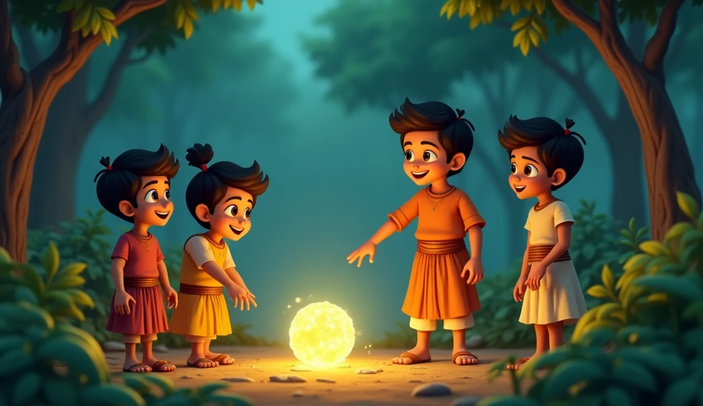 3D Animation Cartoon "Discovery of the Magical Stone
•Setting: The edge of the forest near the village.
•Characters: Rohaan and his friends.
•Action: Rohaan finds a glowing, magical stone. He picks it up and feels a surge of power"