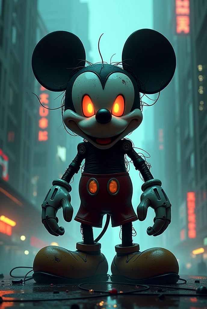 Satanic mickey mouse, cynerpunk, dark horror style, artwork by moebius