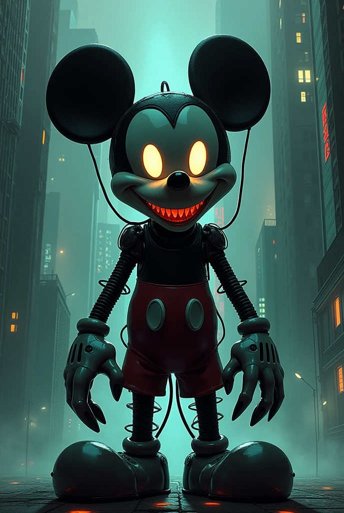 Satanic mickey mouse, cynerpunk, dark horror style, artwork by moebius