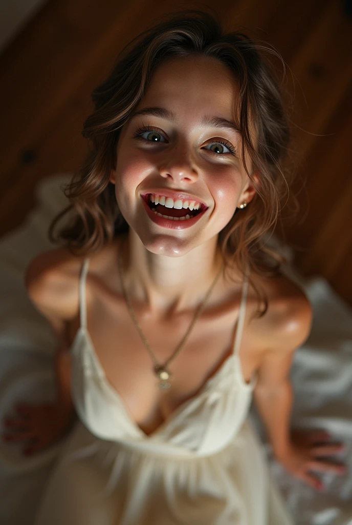 (cute 18yo Welsh girl's face and body by J. Scott Campbell and Chris Leib and Brad Kunkle:1.45), (brown_haired:1.15), (huge smile:1.05), v neck evening gown, (big bright eyes:1.05),top down POV on the sitting on the floor with her mouth open, tits Out, topless, (((nice tits hanging Out))) spit in her face , ahegao, drooling