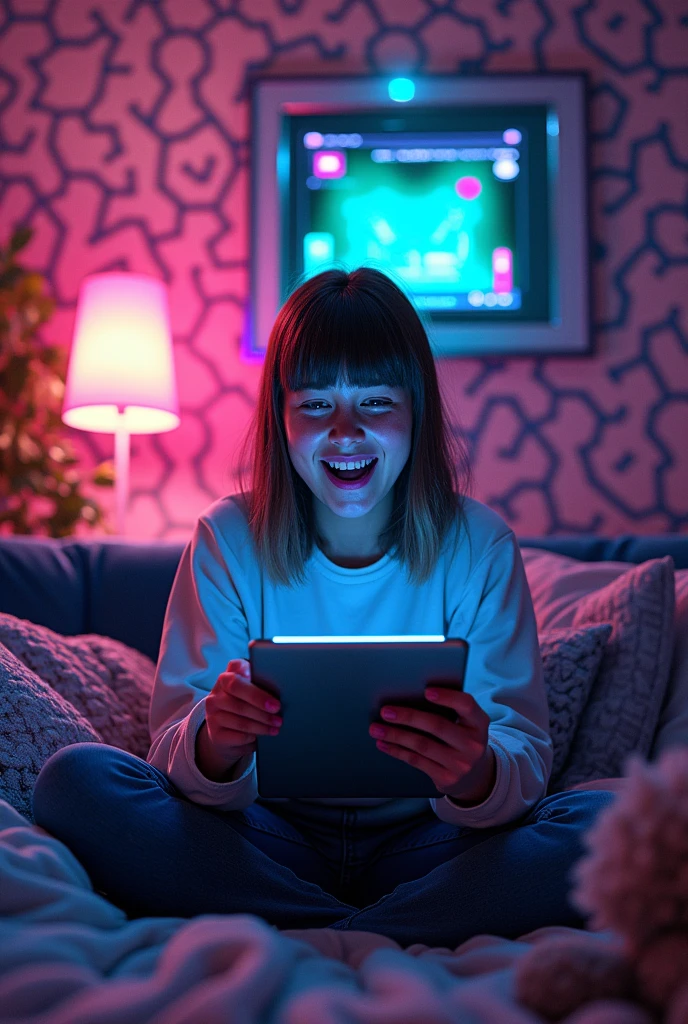 Memes, Digital Art, ,, Enthusiastic about iPad, Straight Hair, one's home, abstract pattern, psychedelic, Neon color, Glitch Art, Cinema Lighting, Super detailed, 8k, Volumetric, Ray Tracing, Studio Lighting, Vibrant colors, psychedelic elements
