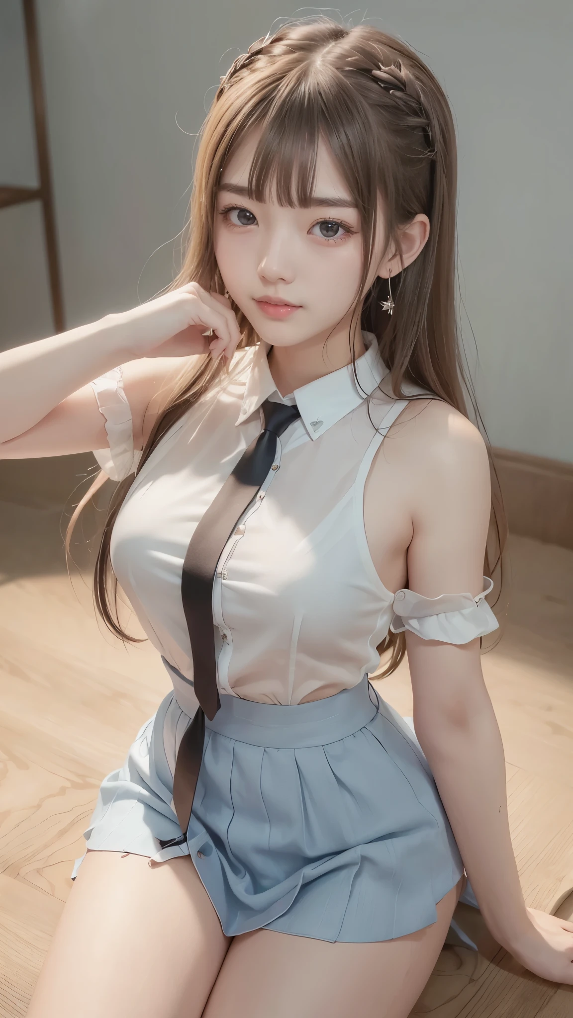((Medium-breasted, 15-year-old girl, small head)), ((15)), (Perfect Body: 1.1), (Young), (Short Wavy Hair: 1.2), Full Body Shot, (Girl in Uniform: 1.4, Pleated Skirt, Button Up Shirt), (((School Uniform)), (Highly Detailed CG 8k Wallpaper), (Very Delicate and Beautiful), (Masterpiece), (Best Quality: 1.0), (Ultra High Resolution: 1.0), beautiful lighting, perfect lightning, realistic shadows, [Hi-Res], Skin Detail, Ultra Detail, (Legs Spread), (Legs Up), Slim Body) Bent, Big Earrings, Thighs, (Beautiful Long Hair),, Thin Clavicle, Soft Navel, Soft Midriff, Soft Back, Angle from Above, Sweaty, Beautiful Breasts, Blush photorealistic, realistic face, realistic eyes, small eyes, grinning ((((colorful)))) ((cleavage))), (eyeliner), (mascara), ((thick white liquid on the body)), ((very sweaty)), (high detail skin)))), (body wet))((wet thighs)), ((spread thighs)), ((thick white liquid dripping from the body)))), ( (Hands on thighs))