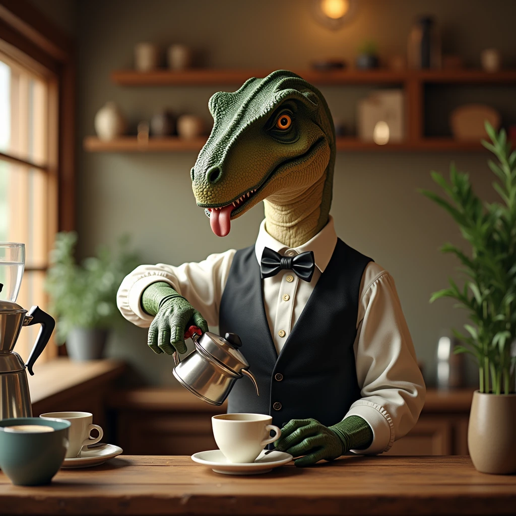 Dinosaur with bow tie and long sleeves、A dinosaur elegantly brewing coffee in a classical cafe、By drip、Calm、Over the counter Ceramic coffee pot
アンニュイSticking out tongue, Sticking out tongue, tooth, Sticking out tongue, High resolution, smile, beard,