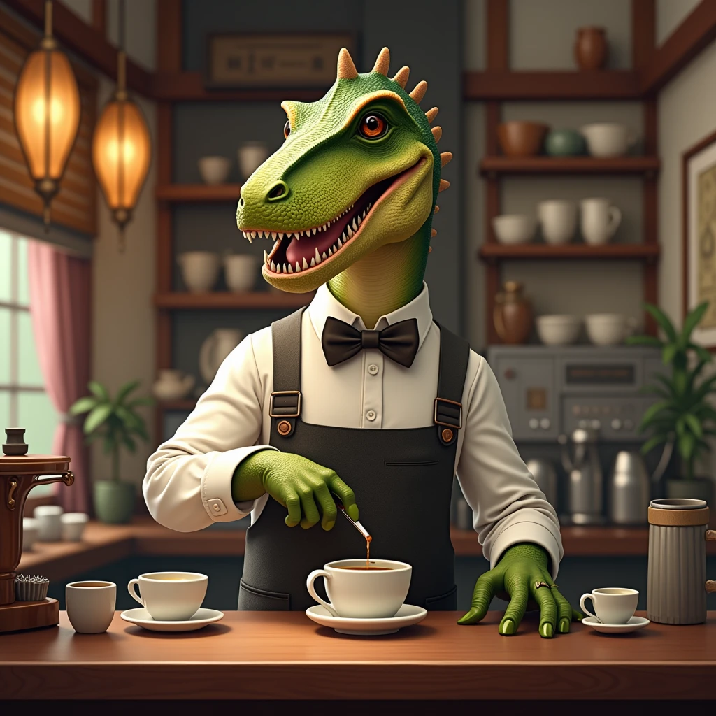 Dinosaur with bow tie and long sleeves、A dinosaur elegantly brewing coffee in a classical cafe、By drip、Calm、Over the counter　Ceramic coffee pot

　アンニュイSticking out tongue, Sticking out tongue, tooth, Sticking out tongue, High resolution, smile, beard, 