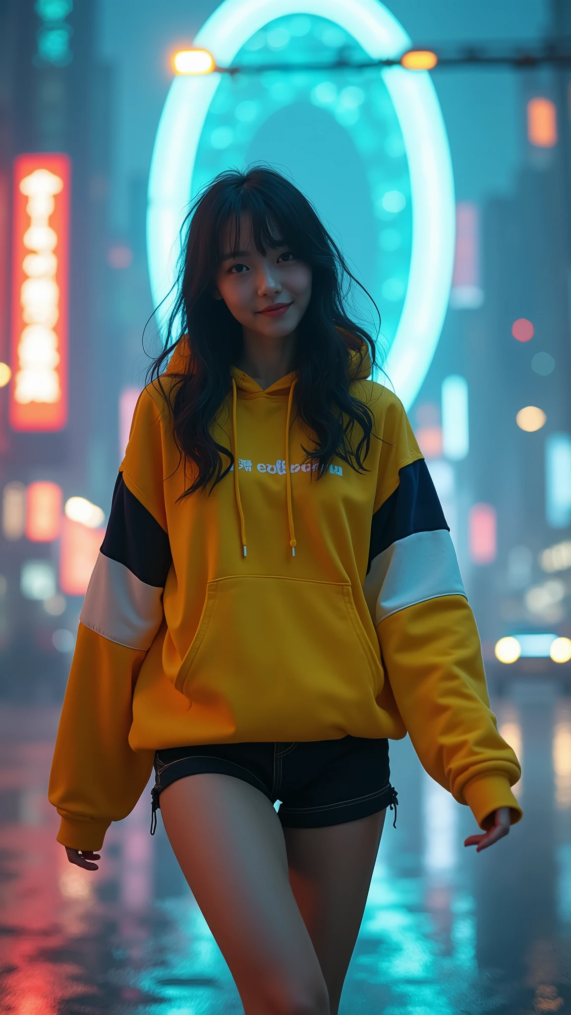 The Masterpiece of photography composition, 4K wallpaper, Masterpiece sci-fi cyberpunk city, fantasy sci-fi, neon glow lights city, ( Subject ( 1girl, A cute japanese women with beautiful hair, wearing an youth stylist oversized hoodie fashion, yellow, black and white stylist fashion, jumper hoodie and short solid cotton trousers, the hoodie stylist masterpiece.))
( Pose (Relaxed, with dance pose, masterpiece. Medium breast.))
( Setting (ultra realistic, sci-fi theme, A mystic environment, cyberpunk city with neon glow lights and a glow light portal.))
( Face ( absolute detail of face masterpiece, detail skin pores masterpiece, oil skinny, beautiful japanese girl, detail of face.))
( Perfect human body, perfect human fingers)
( Lighting (Dramatic side lighting with a warm and cool light masterpiece, absolute face and body lighting teqnique, sunlit glow and light rays, masterpiece object lighting and detail.))
(detail of absolute futuristic fashion a masterpiece), rahnday style photography, the sense of photography), sea art infinity.)
( Style (Hyper-realistic, cinematic, with a focus on detail and texture, octan render 4K quality masterpiece.))
( Technical Specifications (Shot from a medium long shot, below-up perspective, with a Fujifilm XT-4 with Fujinon 50mm lens at f/1.2.))
(((Additional Notes)
( Focus on Key Elements (Emphasize the woman, her clothing, and the dramatic city backdrop.))
( Visual Effects (Include cinematic grains, falling glow particles, and a blurred background with white fog.))