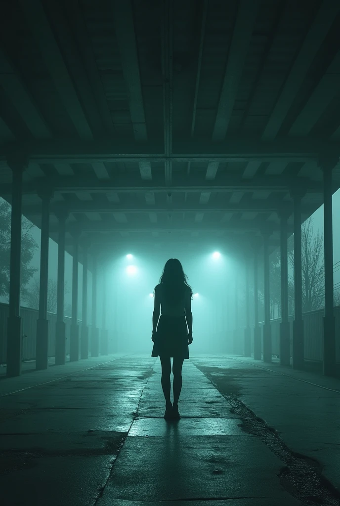 Empty bus stand, all bus apper, a woman stand there, horror look, at night, big space, not bus stop, it's bus house