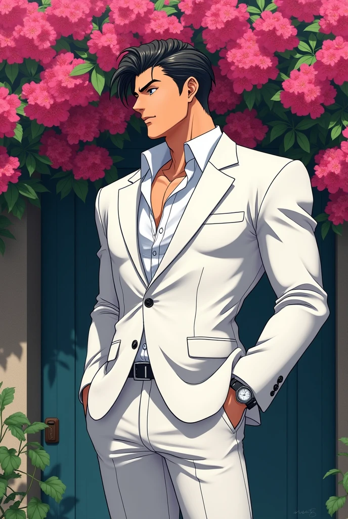 Cool and gentleman cartoon anime guy with his hands in his pockets. He is wearing white a white suit. He has a big chest and strong arms. He stand at an up right angle. He is looking down a little to see his girlfriend. Behind him is a wall of bougainvillea