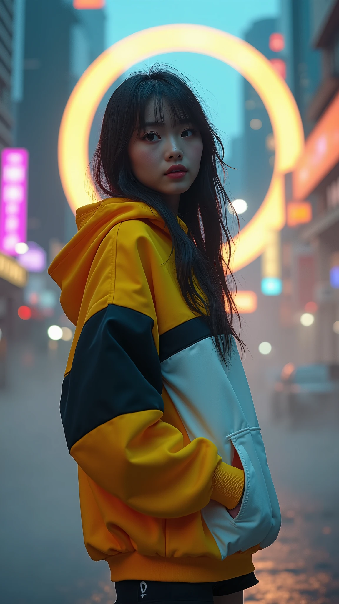 The Masterpiece of photography composition, 4K wallpaper, Masterpiece sci-fi cyberpunk city, fantasy sci-fi, neon glow lights city, ( Subject ( 1girl, A cute japanese women with beautiful hair, wearing an youth stylist oversized hoodie fashion, yellow, black and white stylist fashion, jumper hoodie and short solid cotton trousers, the hoodie stylist masterpiece.))
( Pose (Relaxed, with dance pose, masterpiece. Medium breast.))
( Setting (ultra realistic, sci-fi theme, A mystic environment, cyberpunk city with neon glow lights and a glow light portal.))
( Face ( absolute detail of face masterpiece, detail skin pores masterpiece, oil skinny, beautiful japanese girl, detail of face.))
( Perfect human body, perfect human fingers)
( Lighting (Dramatic side lighting with a warm and cool light masterpiece, absolute face and body lighting teqnique, sunlit glow and light rays, masterpiece object lighting and detail.))
(detail of absolute futuristic fashion a masterpiece), rahnday style photography, the sense of photography), sea art infinity.)
( Style (Hyper-realistic, cinematic, with a focus on detail and texture, octan render 4K quality masterpiece.))
( Technical Specifications (Shot from a medium long shot, below-up perspective, with a Fujifilm XT-4 with Fujinon 50mm lens at f/1.2.))
(((Additional Notes)
 ( Focus on Key Elements (Emphasize the woman, her clothing, and the dramatic city backdrop.))
 ( Visual Effects (Include cinematic grains, falling glow particles, and a blurred background with white fog.))