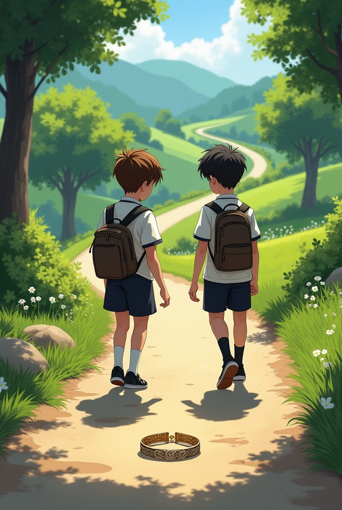 Two school boy walking a road they found a bracelet on the road 