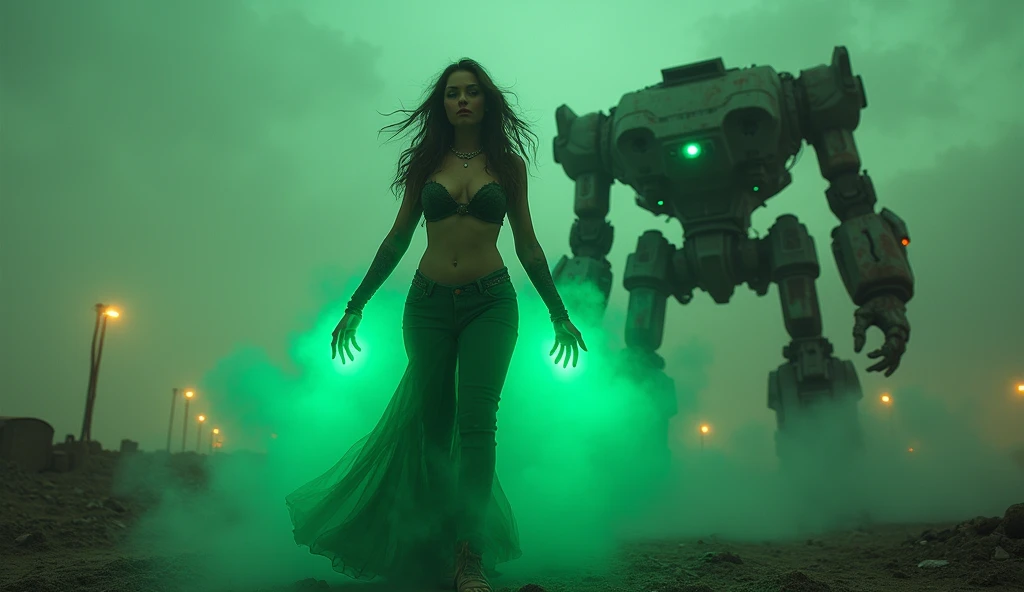 (Masterpiece. Uhd) A beautiful woman in her 20s, with an epic cleavage and a voluptuous figure,( green glowing eyes). (Green glowing hands) standing in a post-apocalyptic dystopian abandoned old west city in the wasteland at night, surrounded by glowing fog and neon lights, the Neon Queen of the Wasteland. Perfect hands. Perfect fingers. 1930 clunky rusty evil giant war robot (dead on the floor) in the background.