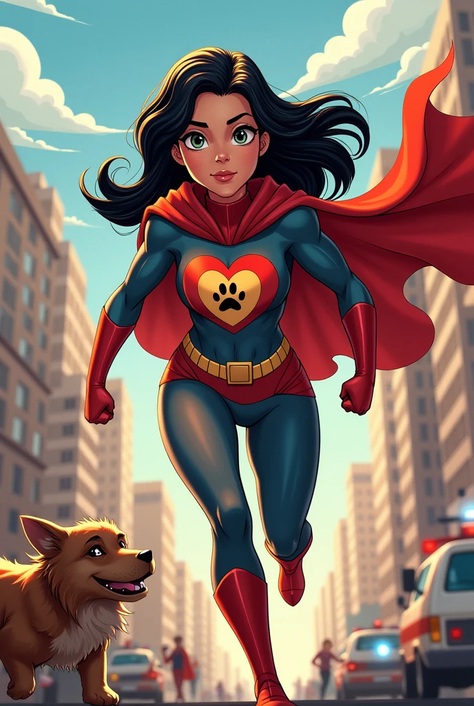 Create a superhero called "Captain Susan Pet" who has a suit with a heart with a dog paw print on the chest because she is dedicated to saving animals from danger., Physically she is young, thin and black-haired.
