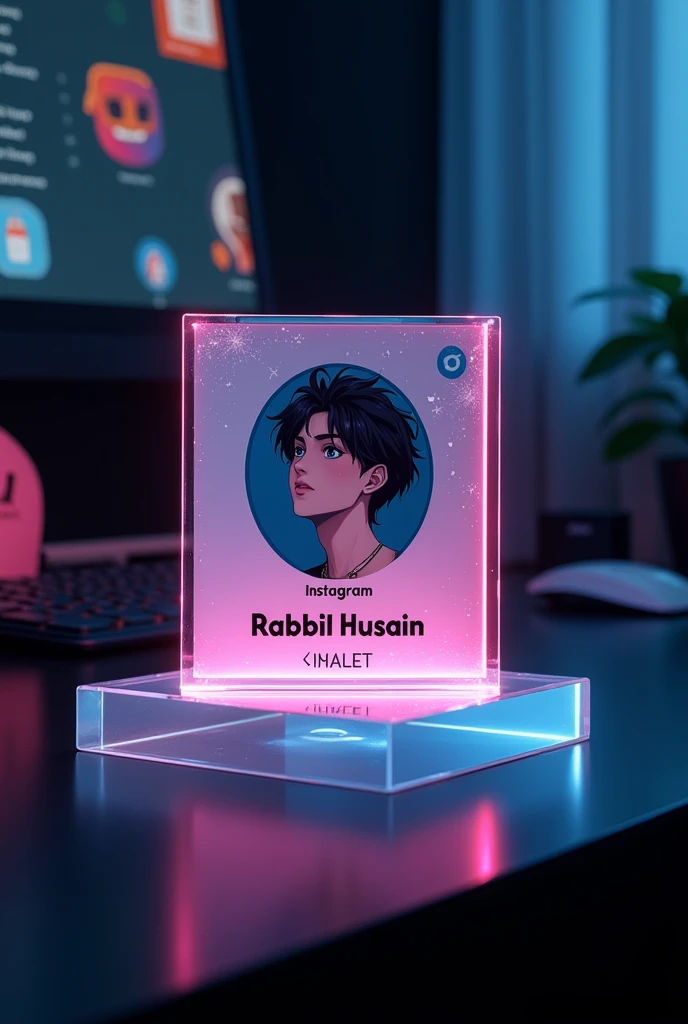 creat a instagram profile and glass card on a black desk displaying instagram logo and realistic profile photo of anime boy in circle and " RABBIL HUSAIN " is written in bold fonts under the profile photo and "100k followers" written the instagram card is glowing in pink and blue color on theedgee Instagram profile