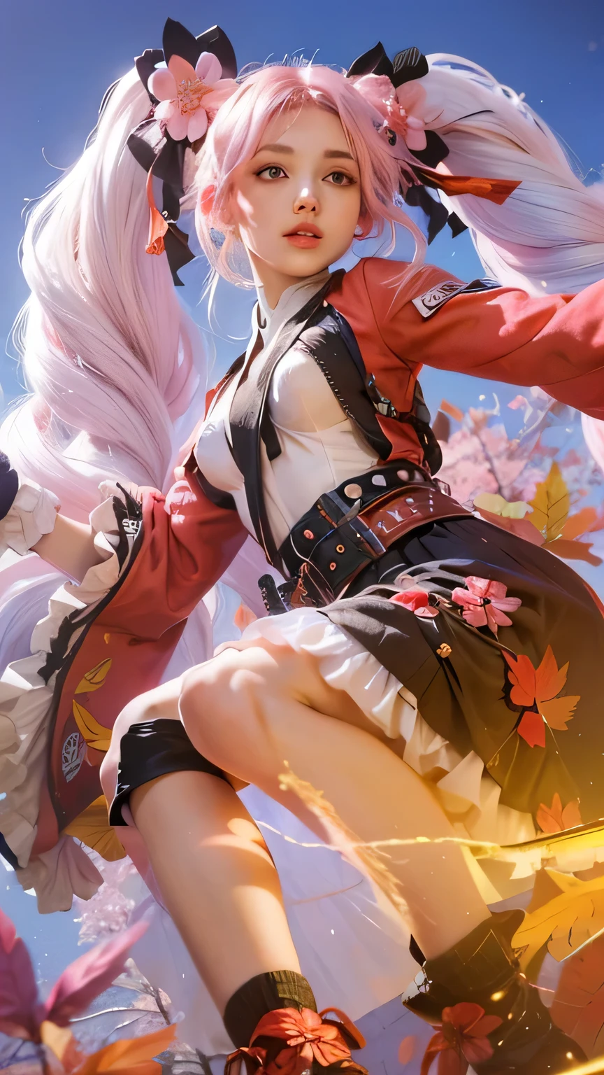 Light pink hair, pink eyes, pink and white, sakura leafs, vivid colors, white dress, paint splash, simple background, ray tracing, wavy hair