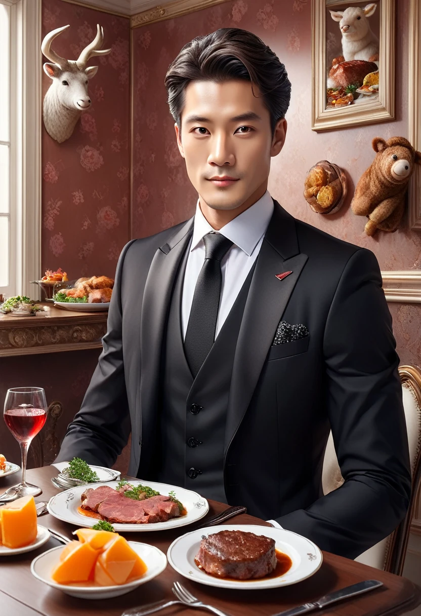 1man, handsome, black formal suit, Sits at the table, plate with meat, background Stuffed animals on the wall,
