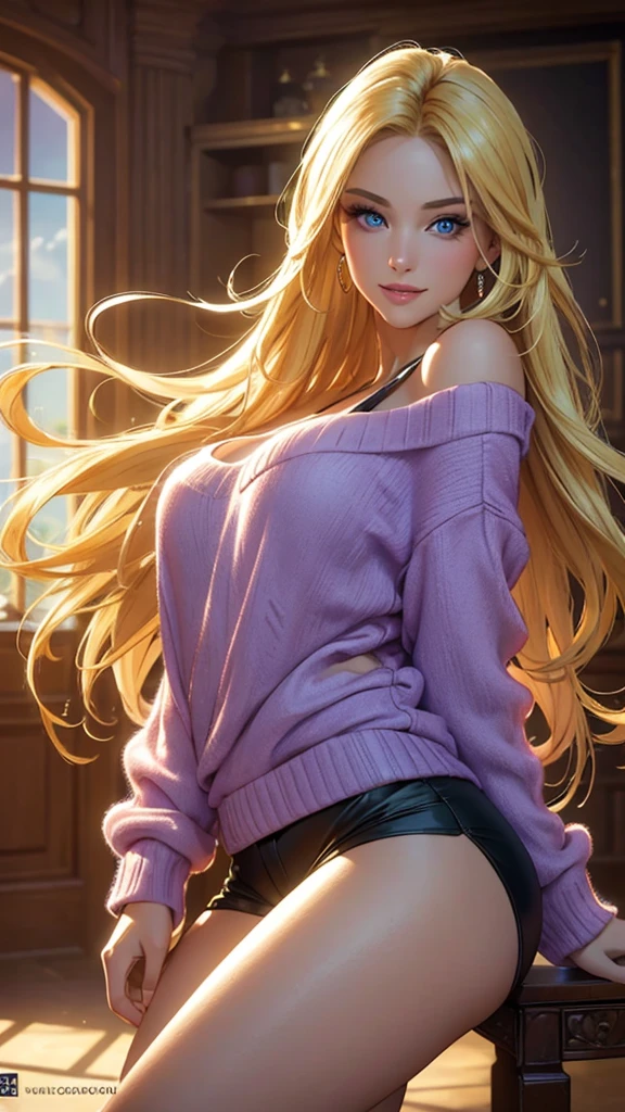 (best quality,ultra-detailed,photo-realistic:1.37),bright and vibrant colors,studio lighting,playful expression,stylish makeup,long blonde hair flowing in the wind,alluring eyes,glossy lips,sexy pose, sweater, theater, smiling in a confident and seductive way,posing for a professional photoshoot,shallow depth of field,highlighting the main subject,soft natural lighting,creating a dreamy and magical atmosphere.