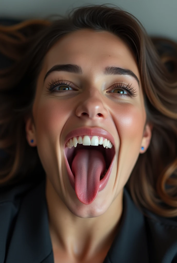 face of  model Victoria's secret with mouth wide open, long tongue, Delicate eyes, nose, and lips, Wearing professional attire, Sitting in her office, Use her, pk (best quality,4K,8K,high resolution,masterpiece:1.2),Extremely detailed,(Practical,photoPractical,photo-Practical:1.37),HDR,Studio Lighting,Extremely detailed face,top down POV on the sitting on the floor with her mouth open
