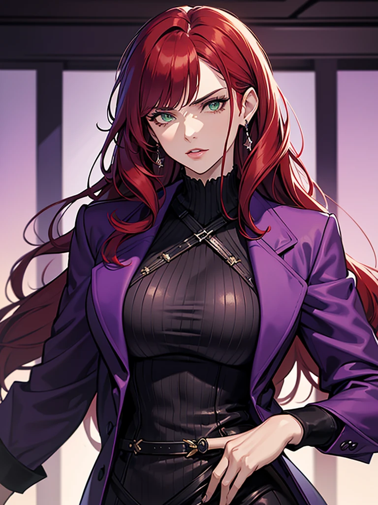 green eyes, red hair with long bangs, noble. sadistic women, wavy long hair. strong woman. purple jacket. she quiet. wear purple and black outfit. background in luxury mansion. dominant woman. mafia. mature woman. girl boss. badass woman. gangster
