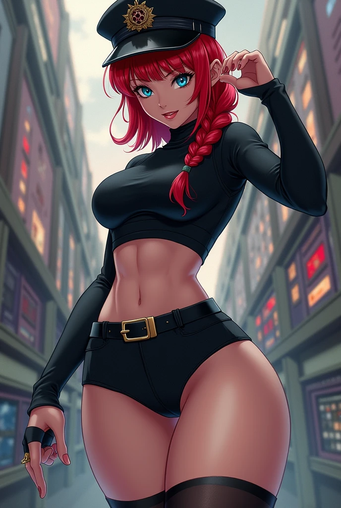 Jojo Bizarre Adventure Female Character,Female One,red hair with a fringe and a braid and blue eyes,wears a black captain's hat, cropped turtleneck blouse, thin waist and wide thighs and hips,short black shorts,black socks and boots
