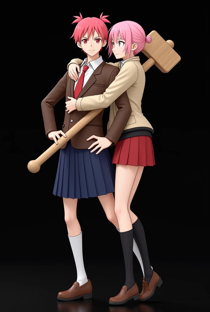 an anime style character with short pink hair, collected in two small red buns pigtails. He wears a school uniform consisting of a brown jacket., a white blouse, a red tie, and a pleated blue skirt. besides, He wears long white socks and school shoes.. The character has a serious or determined facial expression, with hands on hips, and the background is completely black, highlighting the character figure Being hugged By a female character with pink hair, dressed in a beige jacket, a short black t-shirt, red shorts and black long socks. She holds a large wooden hammer in both hands. The character style is similar to that of a video game character or 3D animation.. As Mother and Daughter