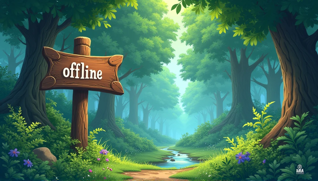 Twitch banner image, ghibli style, pink/green forest with a big wooden sign with writing that spells Offline.