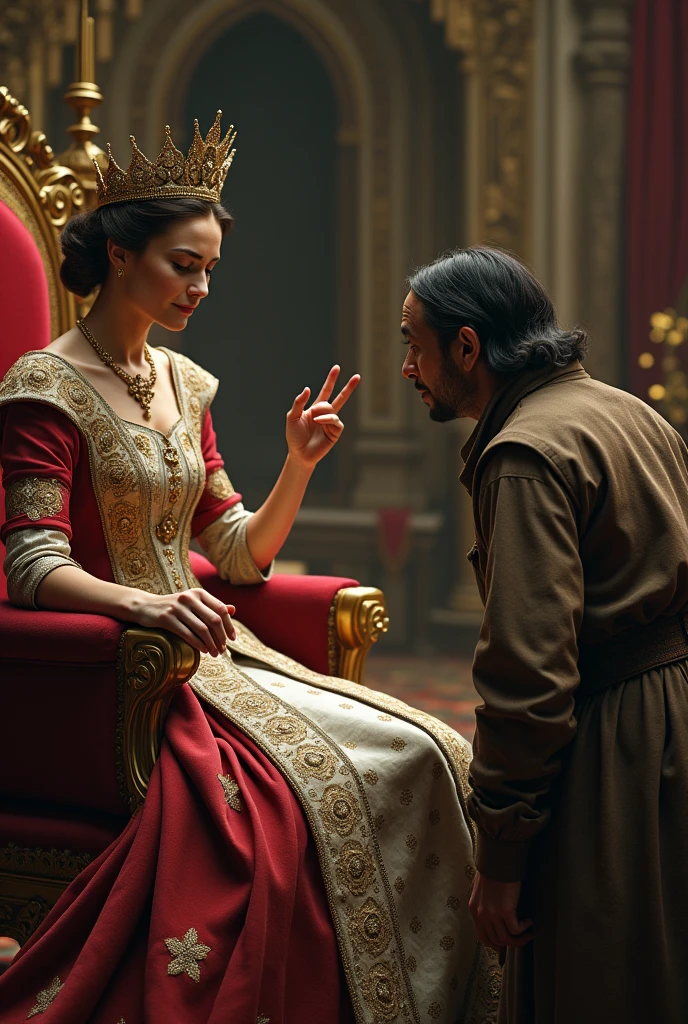 The Queen's Challenge
The queen, elegantly dressed in a royal gown with intricate embroidery, leans slightly forward on her throne, looking curious and slightly amused. She is gesturing with one hand as if explaining something or presenting a challenge. The beggar stands in front of her, his posture attentive and respectful, with a slight nod to show his willingness to participate.