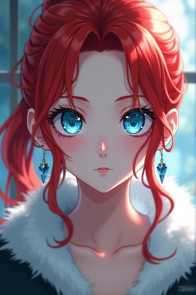 red hair, ponytail in bangs, white skin color, blue eye color, ice pupils, butterfly earrings, female, demon slayer eps 20 season 1