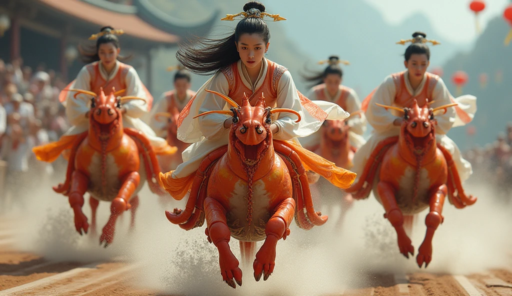 Close-up
The camera focuses on the scene of five Chinese beauties in classical costumes riding different seafoods on the track. The first beauty rides a lobster, whose claws hold the track tightly and runs forward with all its might, and the lobster's shell flashes in the sun. The second beauty rides an octopus, whose tentacles wriggle quickly and stick to the ground. The third beauty rides a crab, whose big claws are raised high and runs quickly. The fourth beauty rides a shark, which glides on the track, driven forward by its tail fin. The fifth beauty rides a swordfish, whose body is slender and its fins cut through the air like arrows. The five beauties look ahead intently, their bodies clinging to their seafood mounts, and the whole picture is full of a sense of speed and a tense atmosphere of competition.