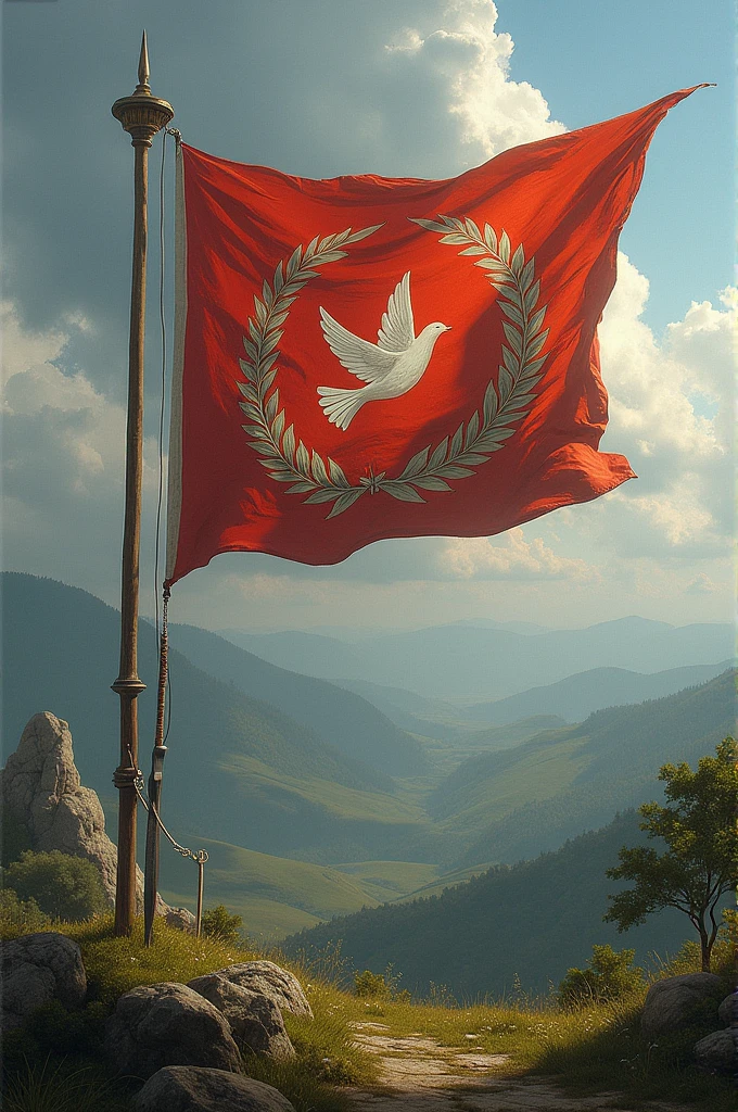a flag with a symbol of peace, freedom, harmony that look like a country flag with weapons that is used before in wars like knives 