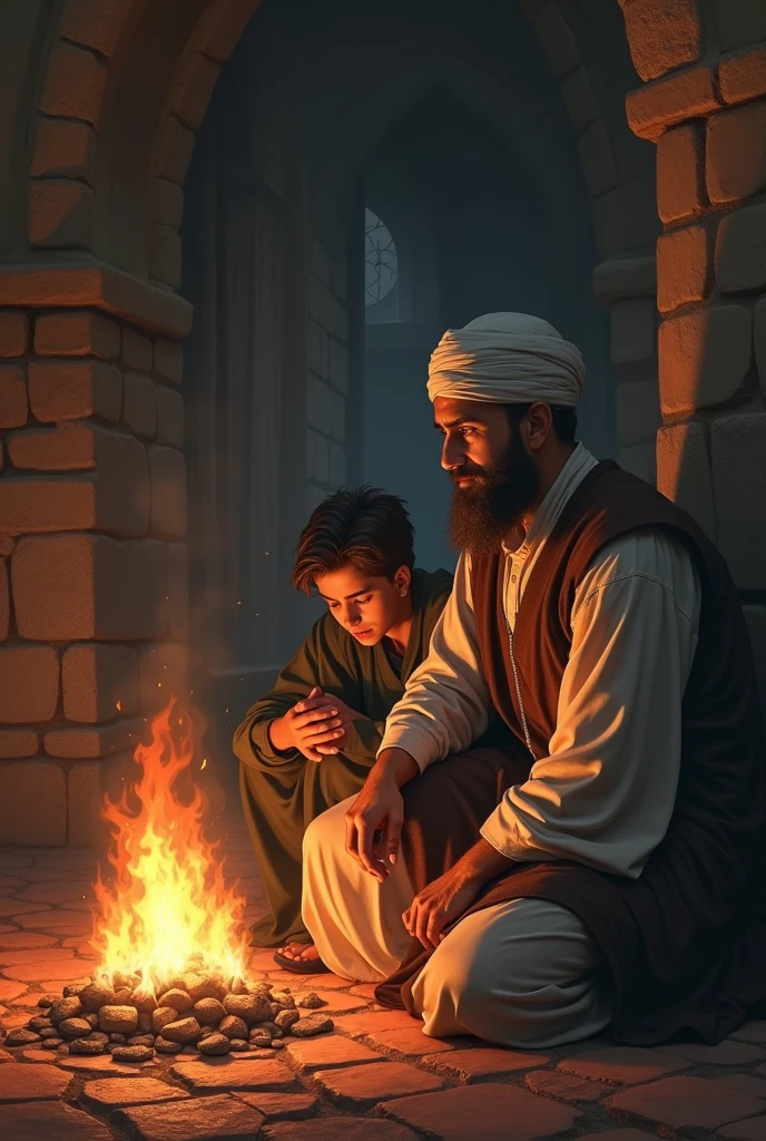 Allah's Ali Ahmad Ibn Hanbal took shelter in a mosque while collecting books, then the doorman expelled him from the mosque, then he sat next to a young man and was warming his body with the heat of the burning fire