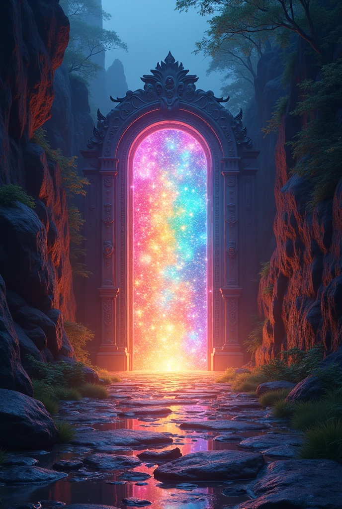 A magical gate that shines brightly and in an infinite number of colors. It is an opening to pass from the dark reality into a beautiful fantasy realm. Dynamic light, very detailed