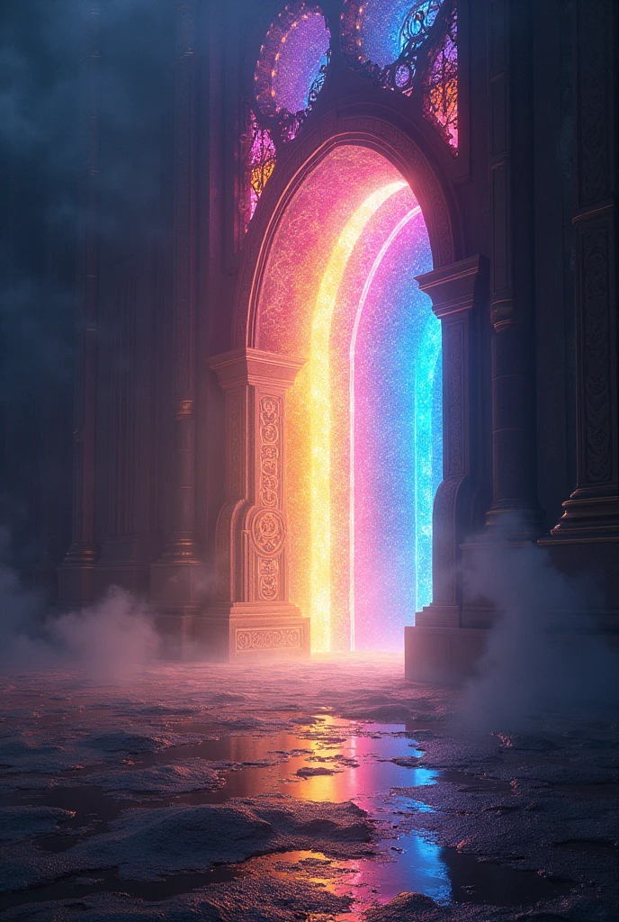 A magical gate that shines brightly and in an infinite number of colors. It is an opening to pass from the dark reality into a beautiful fantasy realm. Dynamic light, very detailed