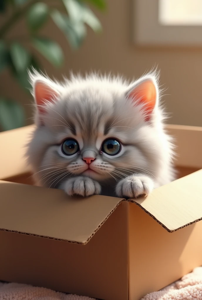 Grey Persian kitten with soft fur, Serena, Happy with a kitten in a cardboard box、Very cute