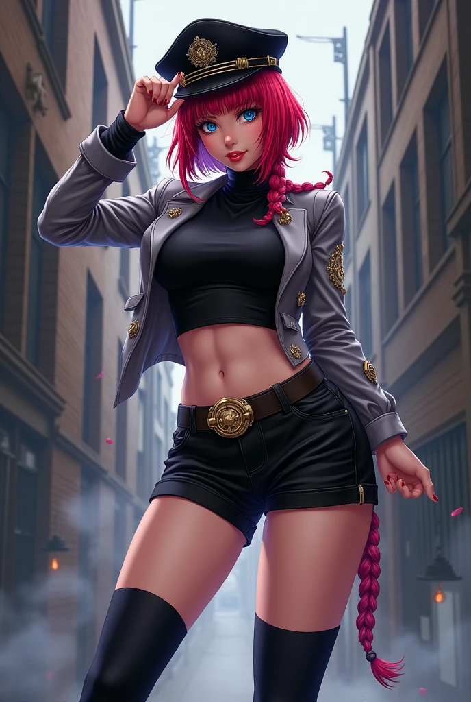 Jojo Bizarre Adventure Female Character,Female One,red hair with a fringe and a braid and blue eyes,wears a black captain's hat, cropped turtleneck blouse, thin waist and wide thighs and hips,short black shorts,black socks and boots
