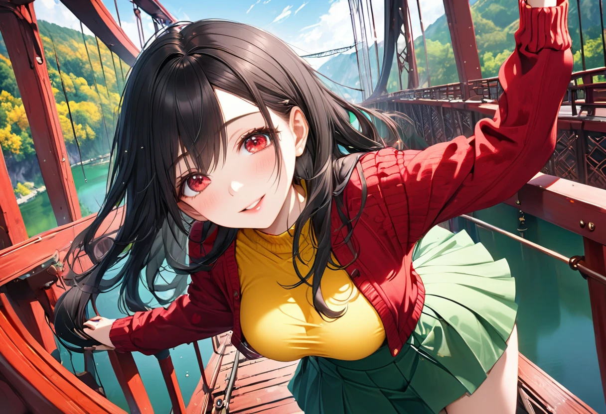 (enjoy style), (pov, solo:2, 18 yo), (looking up to sky), (beautiful detailed straight Hair) (beautiful detailed black hair long hair), (immensely beautiful cool girl) (beautiful cool red eyes) (cute ecstasy smile) (glossy lip) (big tits, beautiful best body), in a top red cardigan, under yellow shirt, Emerald beautiful green long skirt, break, in the old Large Suspension Bridge, background beautiful early autumn Valley, BREAK, perfect anatomy, masterpiece, best quality, 16k, beautiful detailed grow, daydreaming expression.