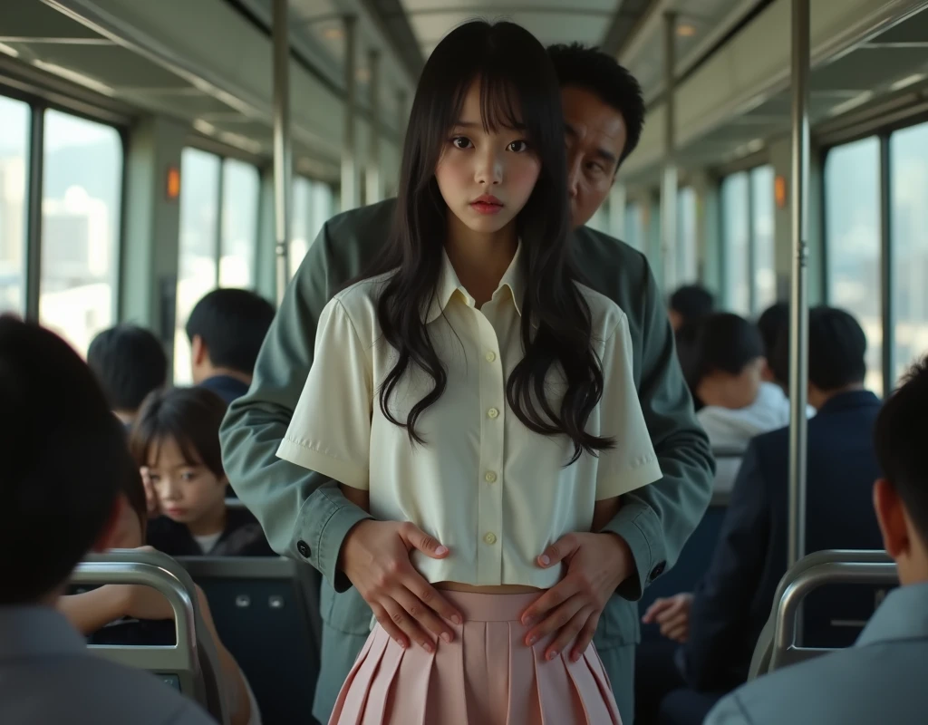 ((of the highest quality, 8k, RAW Photos, masterpiece :1.3)), (realist、realist:1.37)、Very detailed、ultra high resolution, (Professional lighting), ((from above:1.2)),((Full body photo)),small breasts、perfect face、Beautiful expression、beautiful face、pretty eyes、1 high school girl、beautiful girl、beautiful black hair、(not good、schoolgirl uniform、button down shirt:1.2、off the shoulder、Pleated mini skirt、pale pink lace panties）、(Inside a crowded train with sunlight coming in、A chubby middle-aged Japanese man hugs a high school girl from behind on a train)、((((A middle-aged man standing behind a woman.、the man reaches out his right hand and touches the woman&#39;upper part.：1.3、the man&#39;The left hand is touching the high school girl.&#39;his private parts with his fingers.：1.2、button down shirt：1.2))))、caress、fear expressions、blush、the man has a vulgar look、man squeezing the front of a woman's upper shirt,hugging girl from behind.Natural lighting, (direct light:0.4), 8mm film grain, photographed on a Sony a9 II, 24mm lens, f/2.8 aperture, Deep focus,