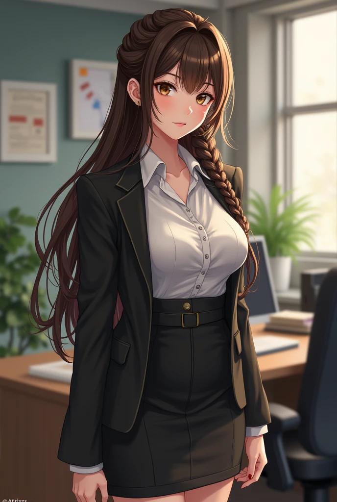 masterpiece, best quality, 1 girl, solo, teenager, large breasts, light brown eyes, bangs, brond hair, braids hair, office staff suit, jacket, pencil skirt, upper body, standing, office