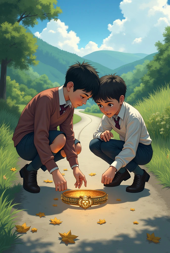 Two school boy walking a road they found a bracelet on the road they pick the bracelet and started looking at it 