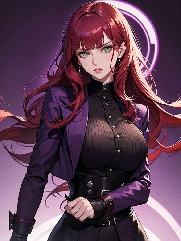 green eyes, red hair with long bangs, noble. sadistic women, wavy long hair. strong woman. purple jacket. she quiet. wear purple and black outfit. background in luxury mansion. dominant woman. mafia. mature woman. girl boss. badass woman. gangster. hair have bangs