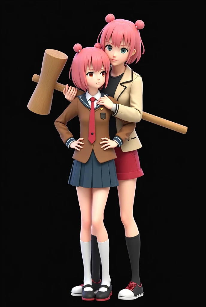 An anime style girl with short pink hair, collected in two small red buns pigtails. He wears a school uniform consisting of a brown jacket., a white blouse, a red tie, and a pleated blue skirt. besides, He wears long white socks and school shoes.. The character has a serious or determined facial expression, with hands on hips, and the background is completely black, highlighting the character figure Being hugged By a female character with pink hair, dressed in a beige jacket, a short black t-shirt, red shorts and black long socks. She holds a large wooden hammer in both hands. The character style is similar to that of a video game character or 3D animation.. As Mother and Daughter