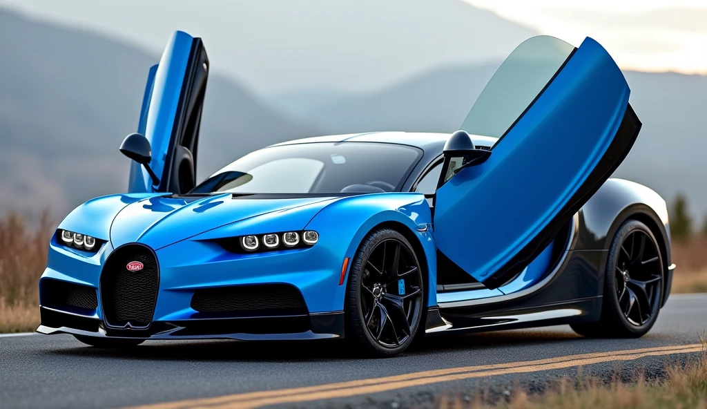 Bum blue car bugatti chiron super sport 300+, Very beauthful, with open doors on a road I want to see it in full view