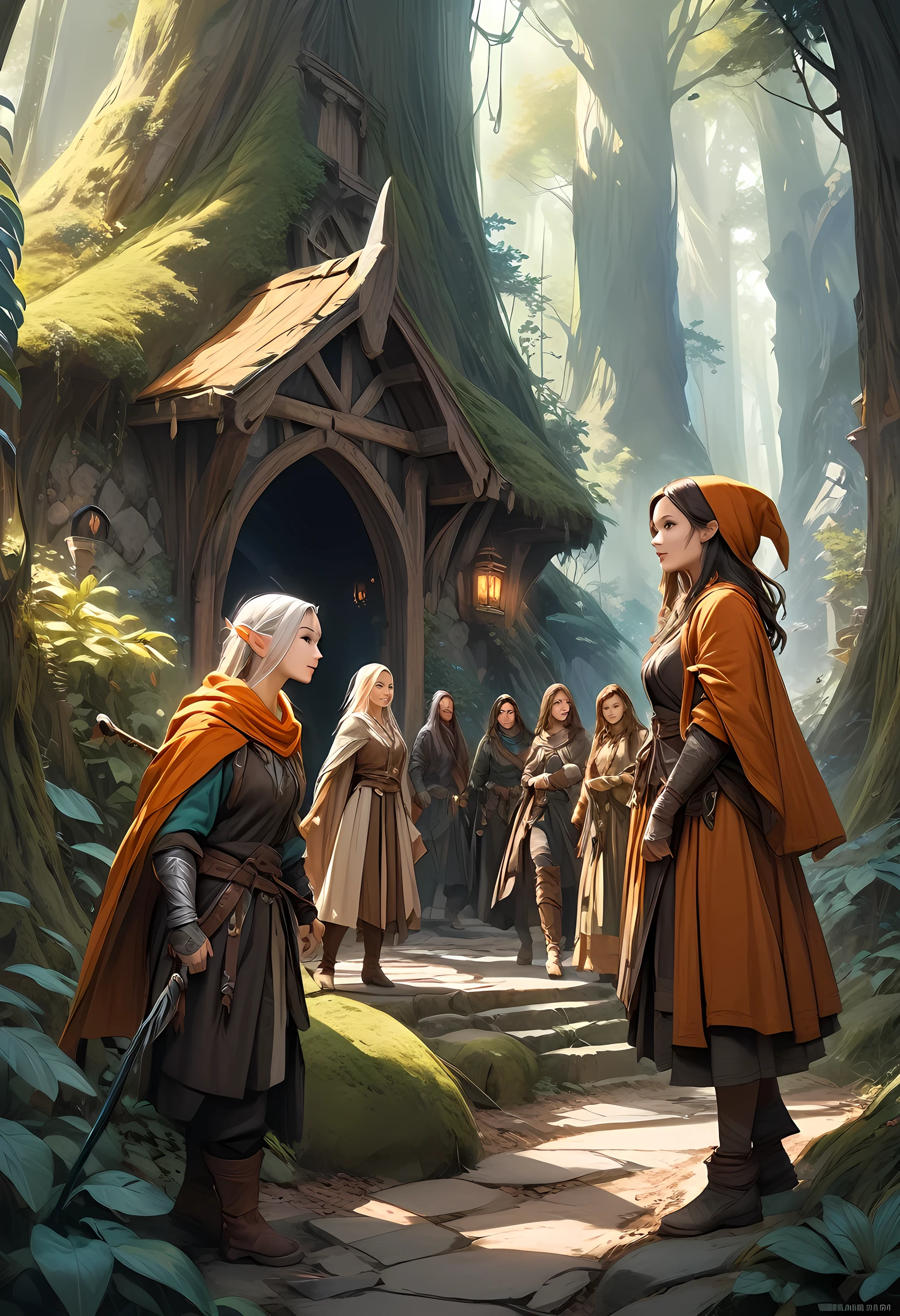 (masterpiece, best quality:1.2), Super realistic illustration, Fantasy art, warm color, Dungeon adventurers, a party of five beautiful and unique women, an elven wizard, a hobbit thief, a dwarven warrior, a human knight, and a human monk, They are walking through the spirit forest, chatting happily.